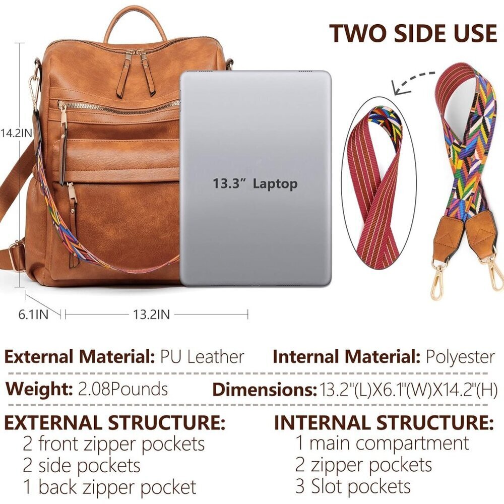 Women's Brown Purse Leather Fashion Travel Designer Ladies Shoulder Backpack - Picture 3 of 6